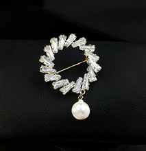 Load image into Gallery viewer, Round Baguette Diamond with Pearl Brooch
