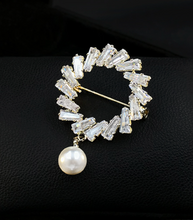 Load image into Gallery viewer, Round Baguette Diamond with Pearl Brooch
