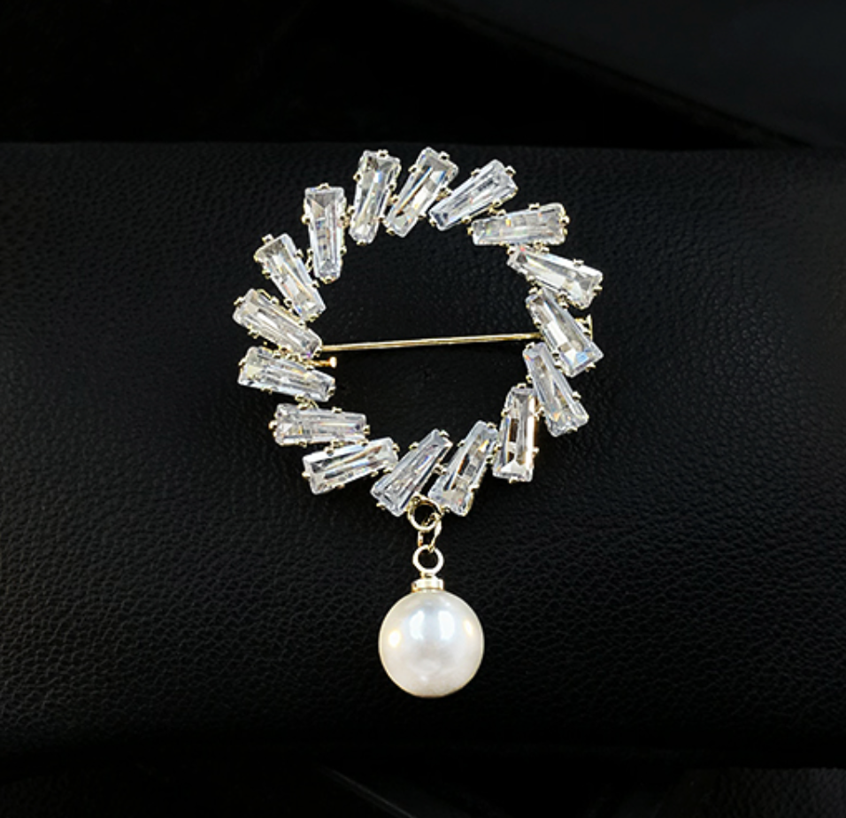 Round Baguette Diamond with Pearl Brooch